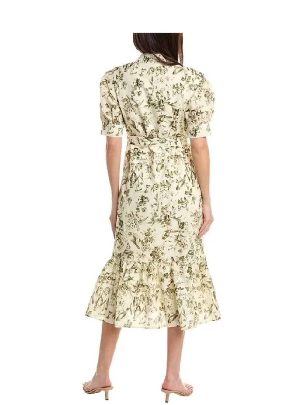 NWT O.P.T Floral Cream and green Midi Dress with Puff Sleeves - Picture 2 of 9